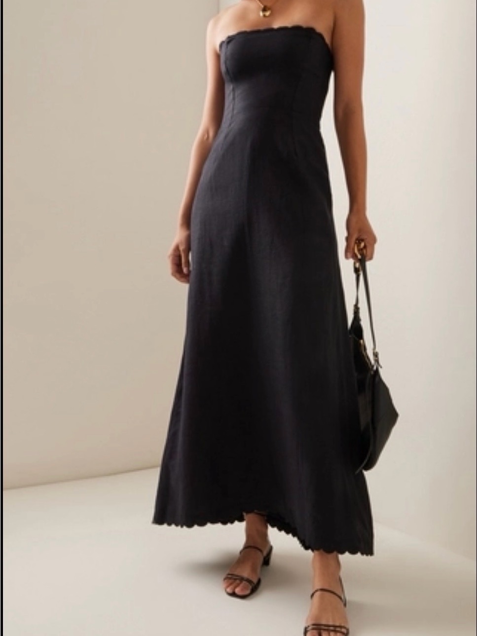 Posse Zayla Strapless Scallop Hem Linen Maxi Dress In Black